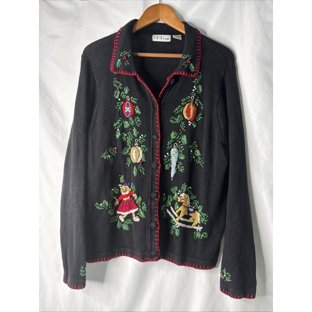 Vintage B.P. Design XL Embroidered Beaded Christmas Button Down Cardigan Black